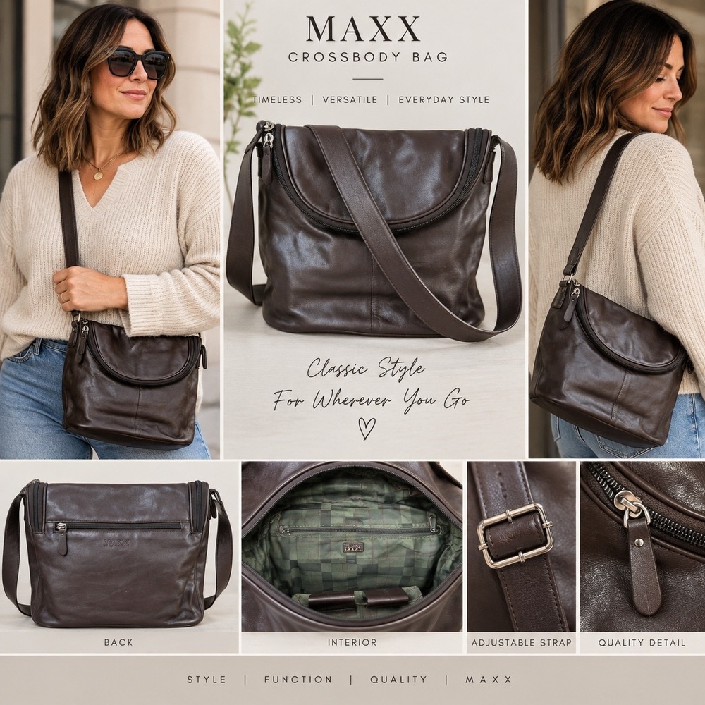 MAXX New York Dark Brown Leather Crossbody Bag Organizer Plaid Lining Messenger